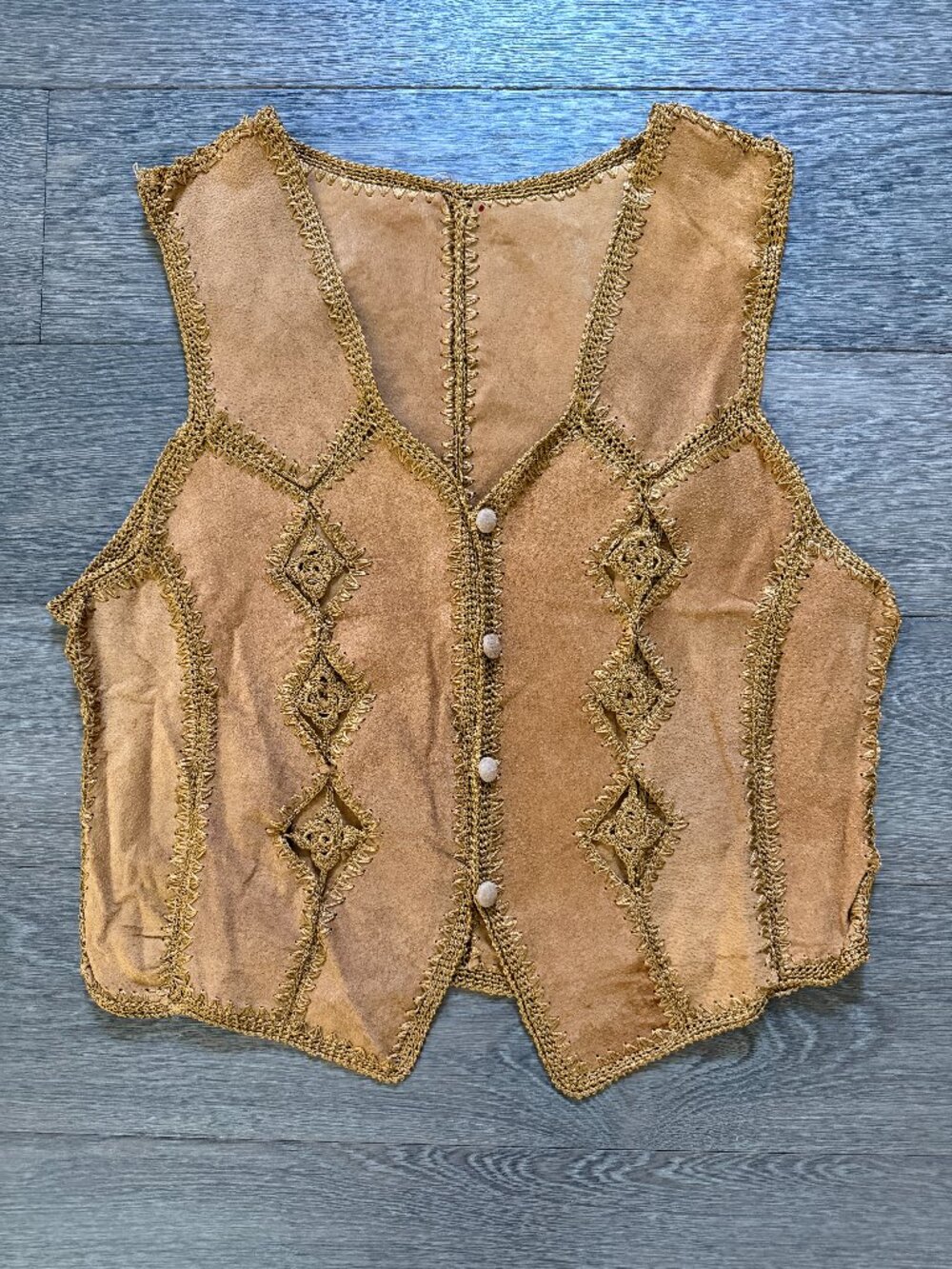 Vintage Cognac Tan Saddle Brown Suede Knit Festival Vest Boho
